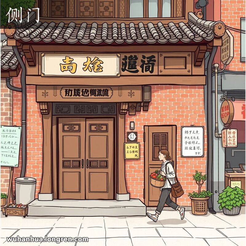 一位武汉居民提着蔬菜篮子走向四合院的侧门，背景是武汉老街景