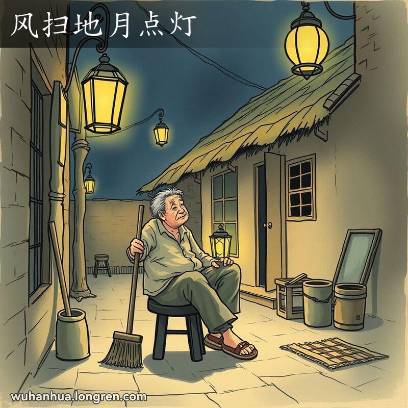 一个懒散的男子坐在武汉小巷的凳子上，旁边放着扫帚和灯笼，背景是简陋的旧房子和散落的旧物，象征着贫困和懒惰。