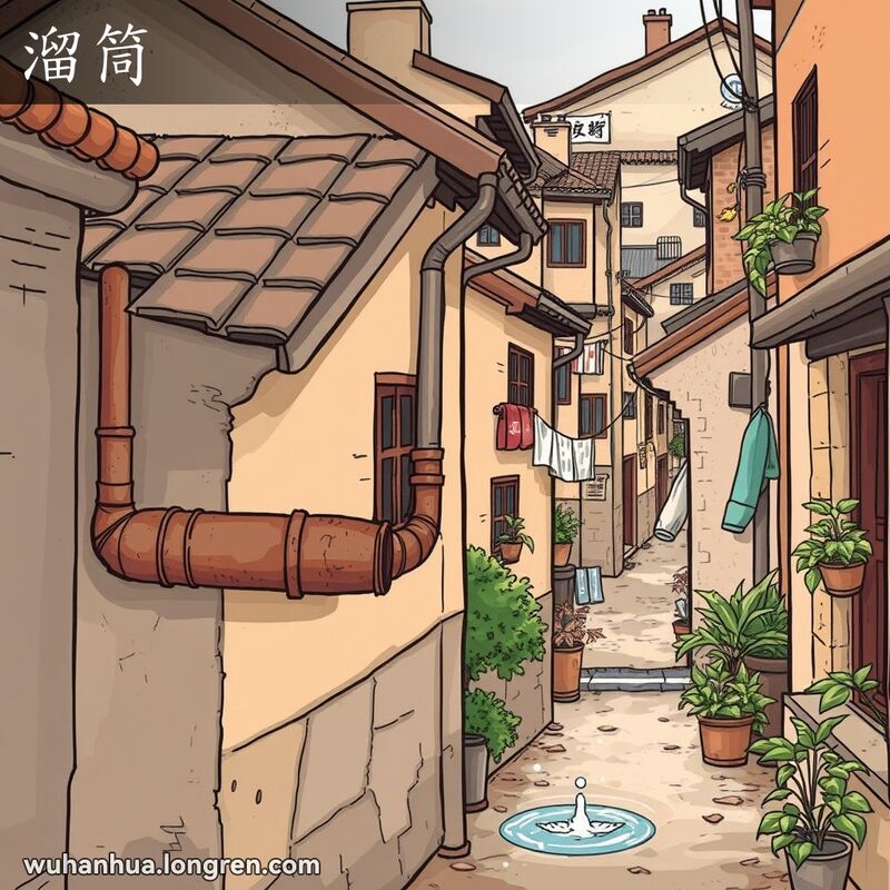武汉传统居民区的老房子，檐槽通过排水管与地面相连，背景有其他房子和生活细节。
