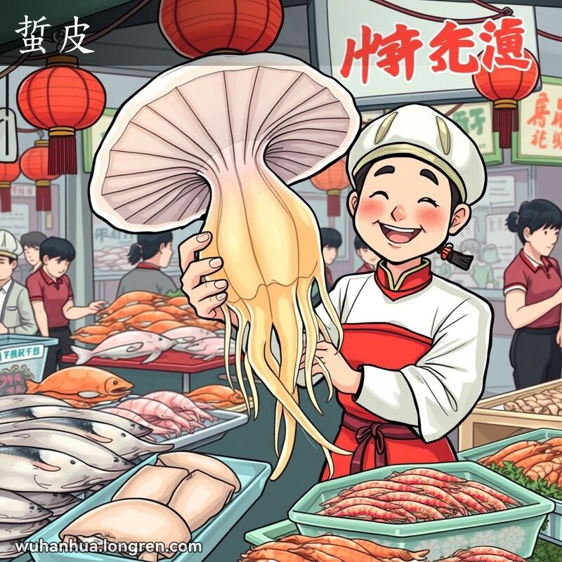 武汉市场海鲜摊位，摊主展示新鲜海蜇“蜇皮”，背景有鱼虾和传统装饰