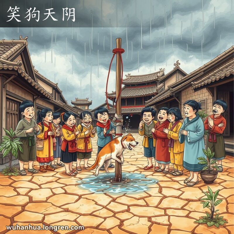 村民们在干旱时将狗捆在柱子上泼水祈雨，背景是老街和庙宇，天空阴沉。