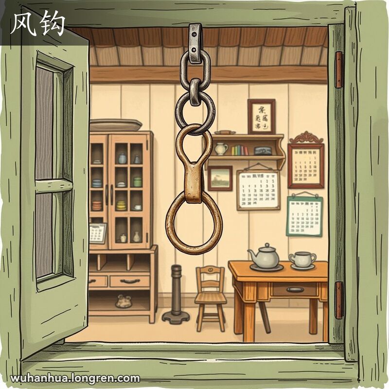 传统武汉家庭场景，窗户打开，窗扇被金属钩和环的机制钩住，背景有老式家具和装饰。