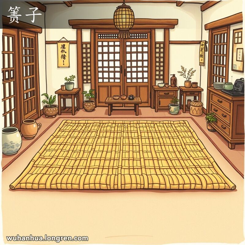 传统中式房间内铺着粗糙的竹席，周围有小木凳、茶具和绿植，色调温暖