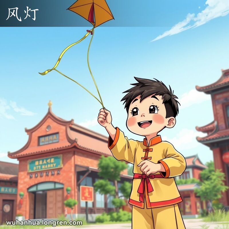 一个小男孩在武汉老街景中放风筝，风筝高高飞在蓝天中，男孩脸上洋溢着喜悦和兴奋的表情。