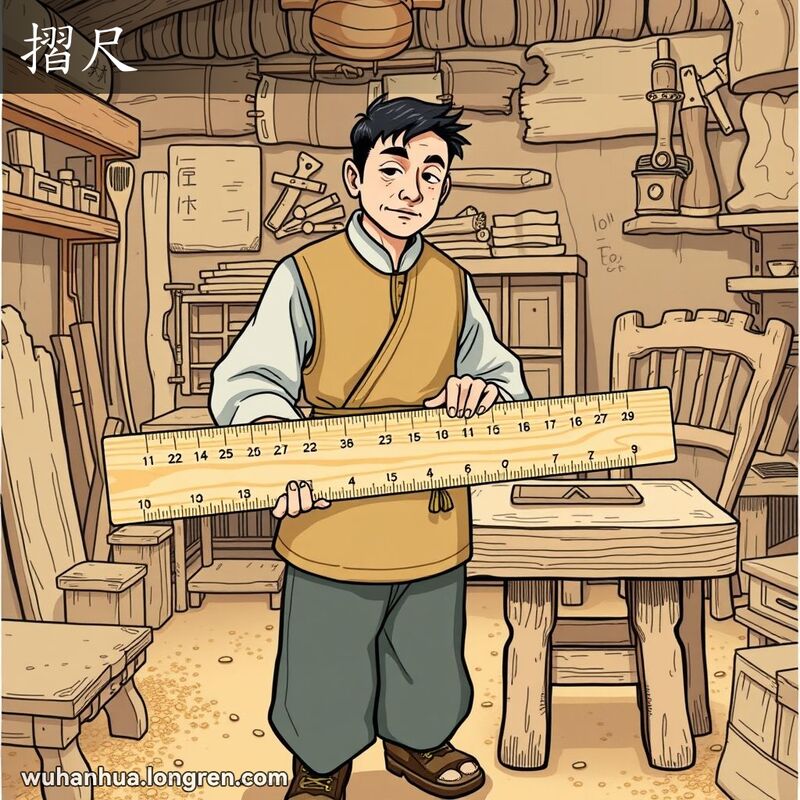 一位木匠在工作室里用摺尺量度木材，背景有木工工具和未完成的家具