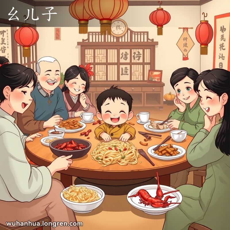 一个传统的武汉家庭聚会场景，桌上摆满了热干面、鸭脖子和小龙虾等本地美食。家中最小的孩子，一个活泼可爱的男孩，坐在桌旁，脸上带着调皮的笑容，成为全家人关注的中心。