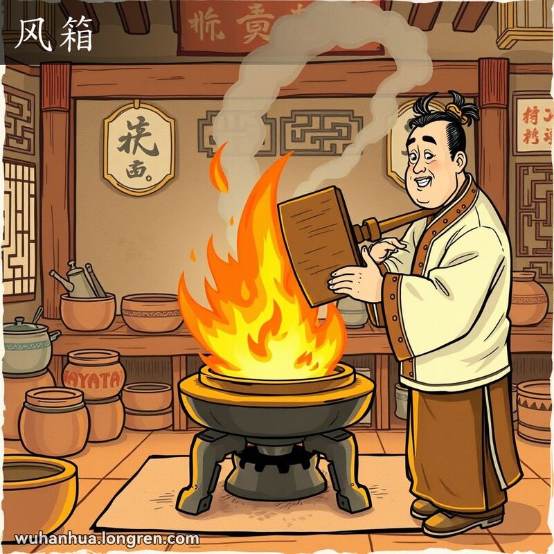 一位男子在传统中国厨房中使用木制风箱扇火，背景有传统厨房用具和装饰
