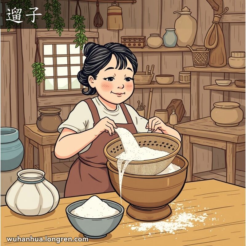 一位中年妇女在武汉厨房中用细筛子筛面粉，背景有传统厨具和温馨氛围