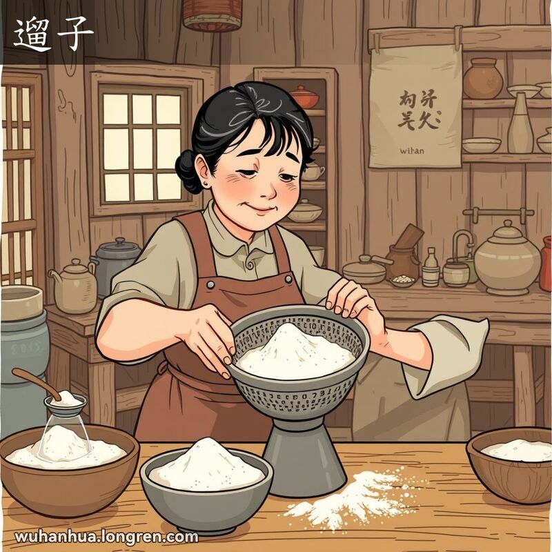 一位中年妇女在传统武汉厨房中使用细筛子筛面粉，背景有木质家具和老式厨具