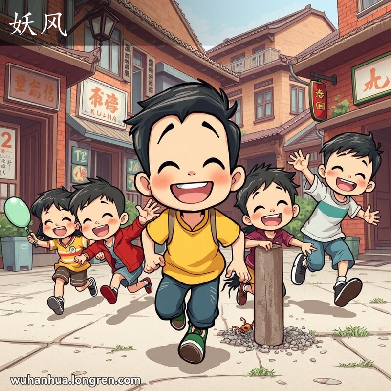 一群孩子在武汉老街区玩闹，进行各种恶作剧，背景是老街景
