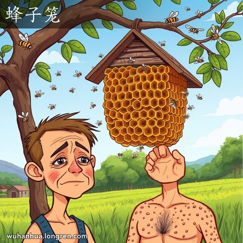 一个传统的蜂巢挂在树枝上，周围有蜜蜂飞舞，前景中一个人皮肤上布满蜂巢状的小孔，背景是乡村景色。