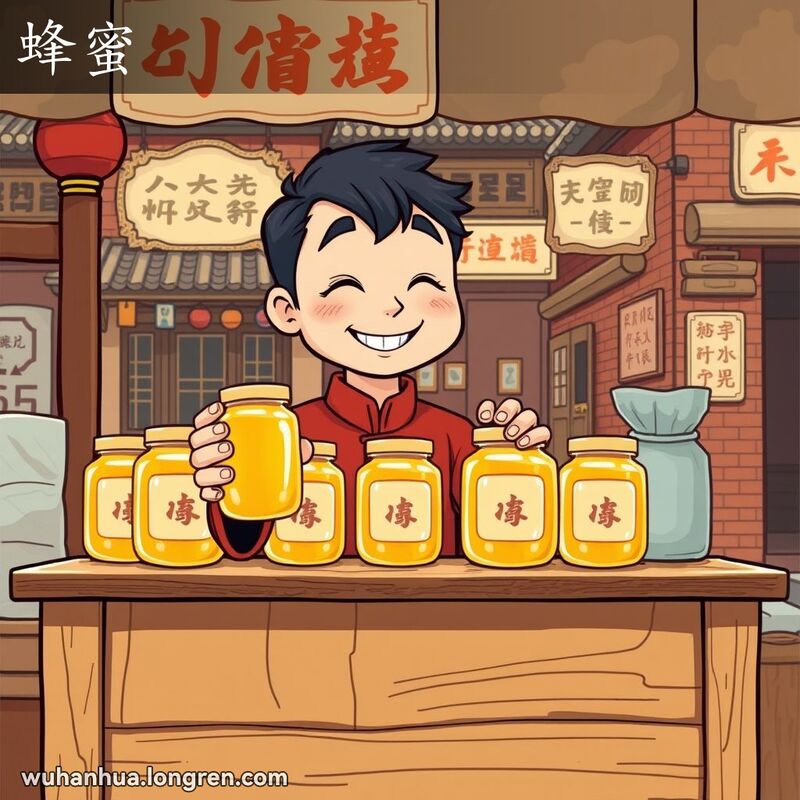 一位友善的武汉市民在传统市场摊位前展示蜂蜜，背景是武汉老街景