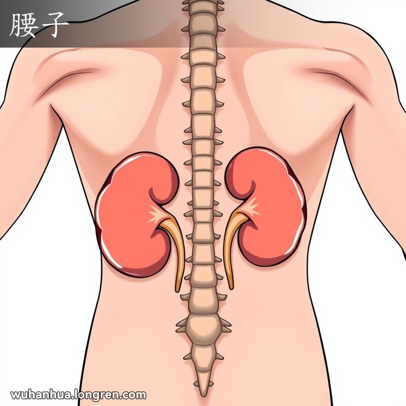 人体躯干解剖图，突出脊柱两侧的肾脏，背景为医学图解风格
