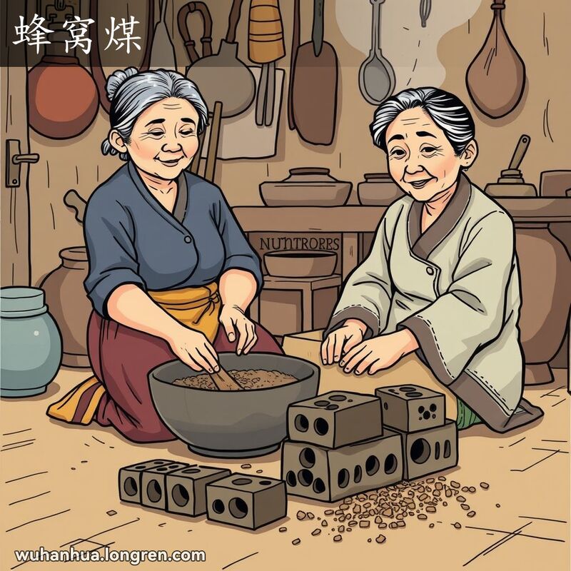 一位中年妇女在传统厨房中制作蜂窝煤，旁边摆放着已经制作好的蜂窝煤，背景是老式厨房用具和温馨氛围。