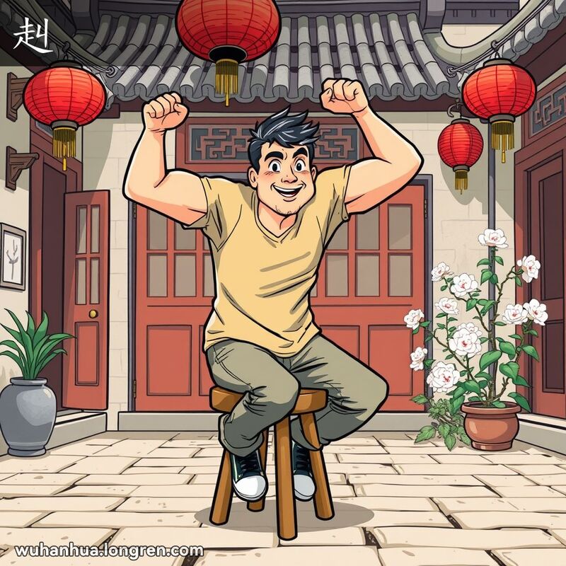 一位武汉男子在传统庭院中从木凳上迅速用力撑起上身，背景有红灯笼和花园