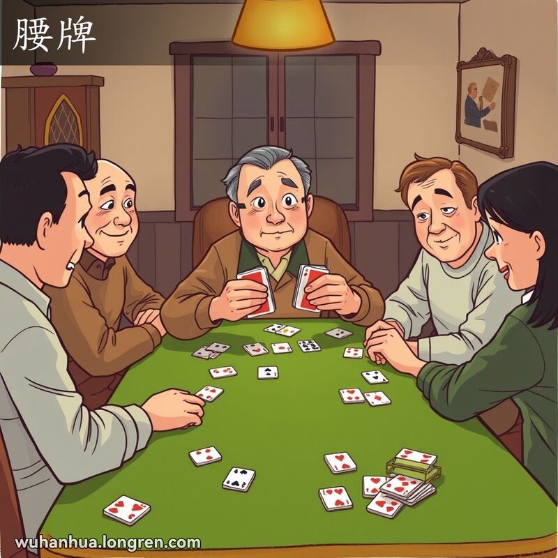 一群朋友围坐在桌旁玩桥牌，一位男子正将一摞牌分成两三摞，背景是温馨的室内环境