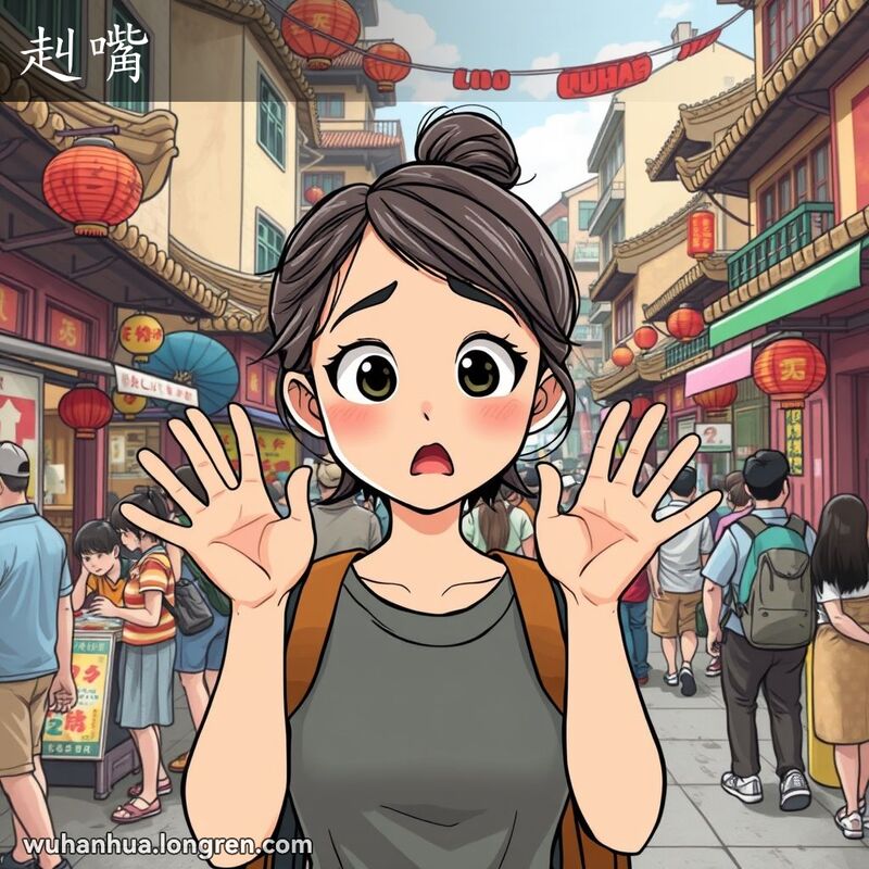 一位年轻女子在武汉街头张着嘴巴，露出惊讶和尴尬的表情，背景是武汉老街景