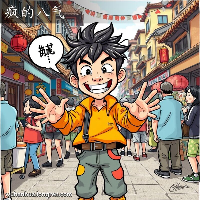一位年轻男子在武汉街头，穿着鲜艳不搭配的衣服，手舞足蹈，大声说话，表情夸张，周围人们用困惑和娱乐的眼神看着他，背景是热闹的街市。