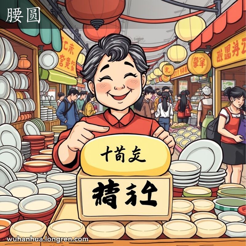 武汉传统市场摊位上摆放着椭圆形肥皂，摊主微笑指向肥皂，背景是热闹的市场场景。