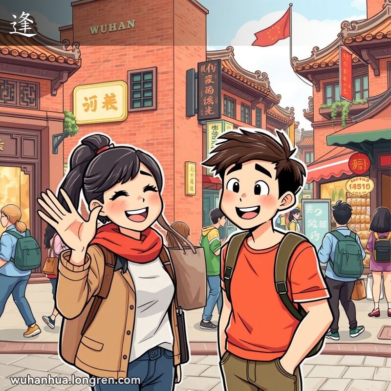 两位朋友在武汉街头相遇，女性朋友热情挥手，男性朋友惊喜表情，背景是武汉传统街景