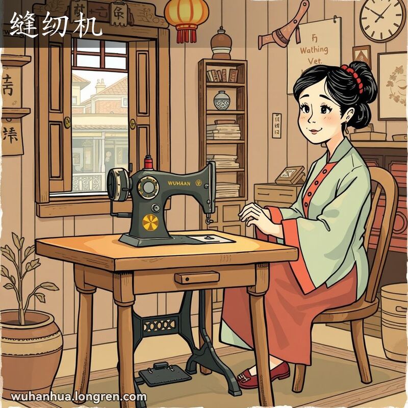 一位武汉妇女在家中使用脚踏式缝纫机，房间布置温馨，窗外可见武汉老街的一角。