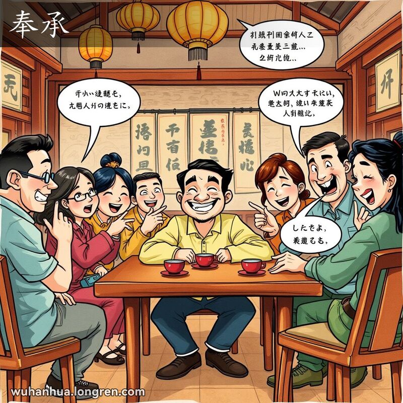 一群人在武汉茶馆中，主角男子被朋友们奉承，露出得意的表情，背景有传统茶具和灯笼