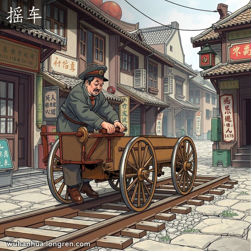 一位男子在武汉老街上手摇四轮铁路车，背景是传统建筑和老街景。