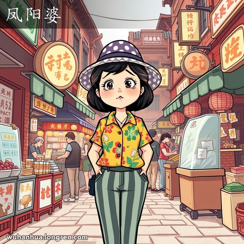 一位武汉妇女穿着不伦不类的服装，站在热闹的市场中，周围是传统的武汉街头小贩和老建筑。
