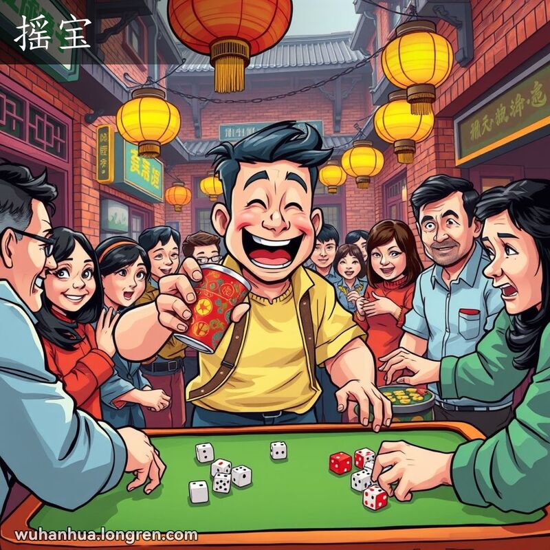 一位男子在武汉街头赌博桌前摇色子，周围观众专注观看，背景是武汉老街景