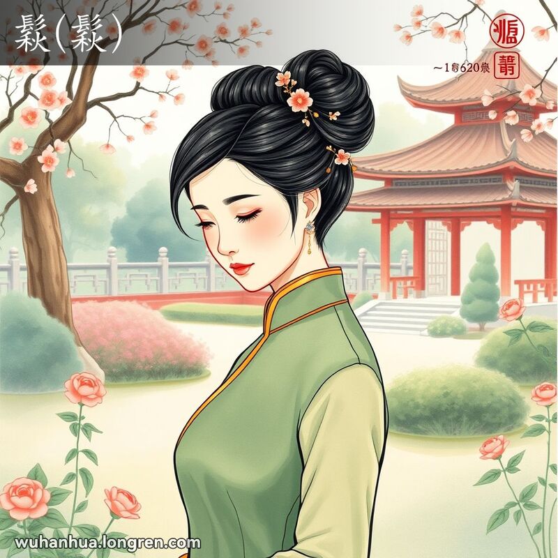 一位身穿旗袍的中国女性，头顶盘着精致的发髻，背景是宁静的花园