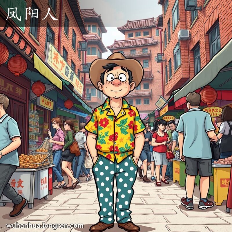 一个穿着不伦不类的人站在武汉街头市场中，周围是传统小摊贩和老建筑