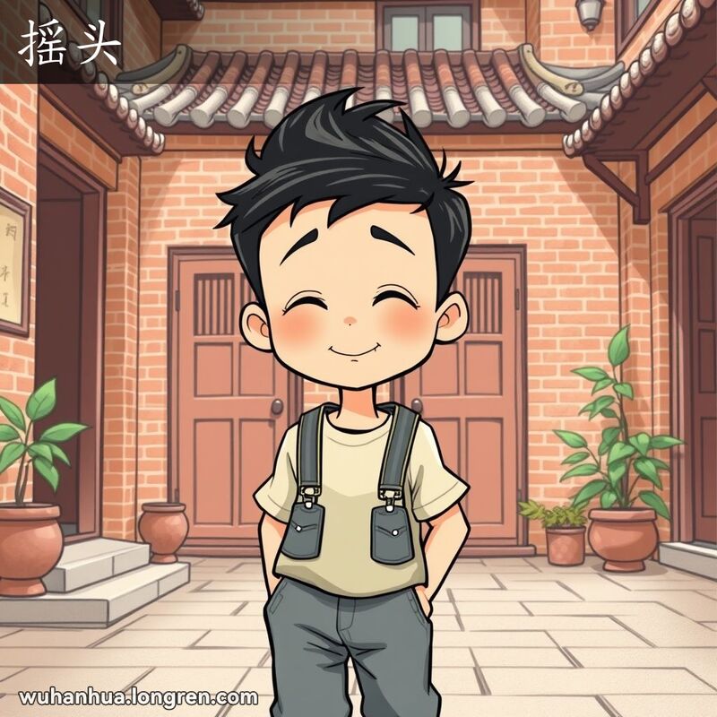 一位武汉小男孩在院落中左右摇头，脸上带着调皮的表情，背景是武汉老街景