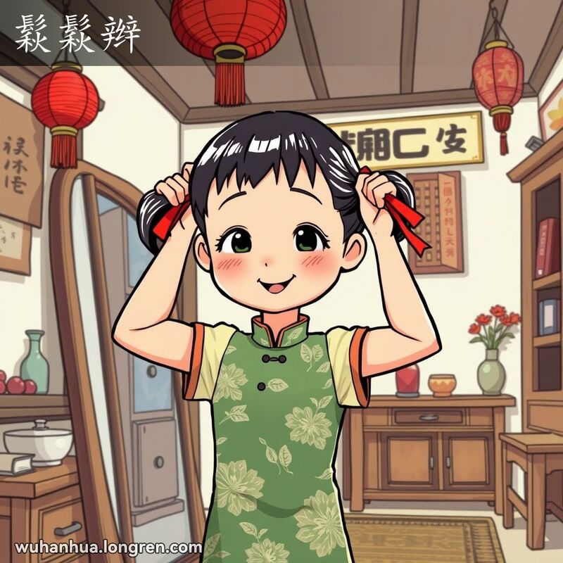 一位穿旗袍的武汉少女在老式房间的镜子前扎短辫子，背景有木质家具和红灯笼