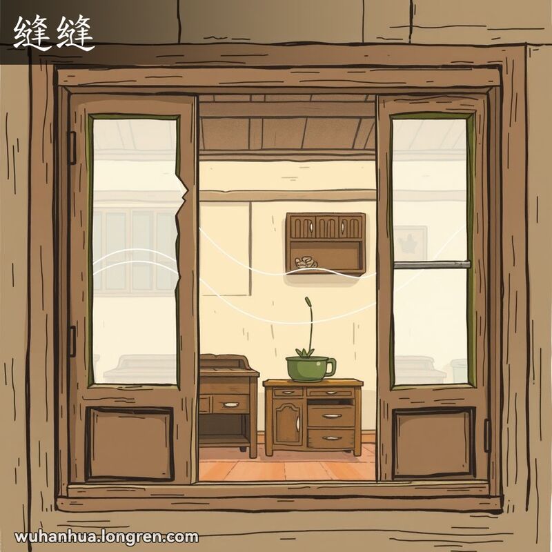 一间武汉老房子，窗户有裂缝和缝隙，微风从缝隙中吹进来，背景是简朴的乡土风格