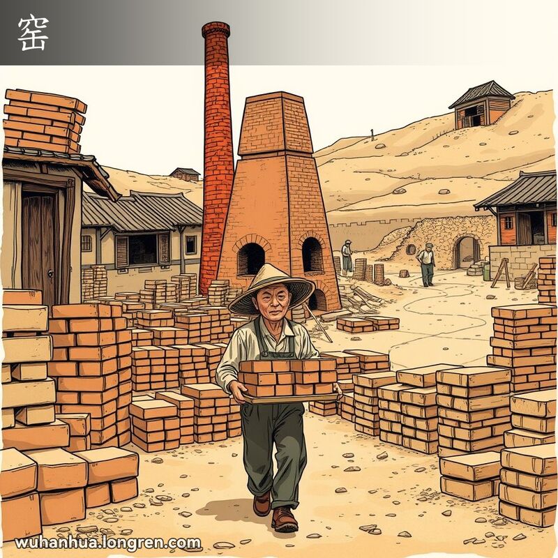 一位工人在武汉传统砖窑前捧着砖块，背景是砖窑和其他工人