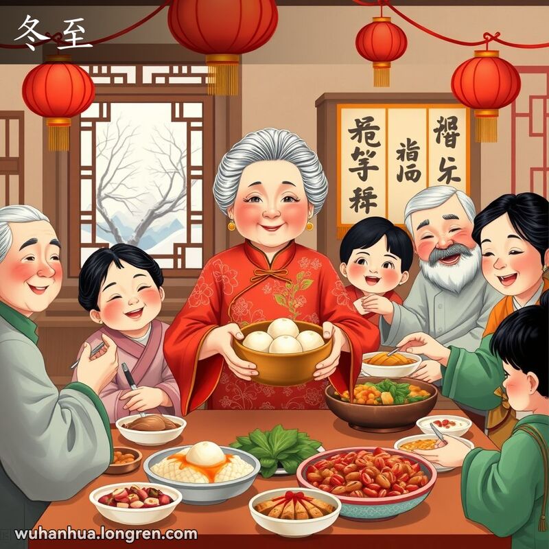 一个传统中国家庭围坐在一桌丰盛的节日菜肴旁，庆祝冬至节，老奶奶手捧汤圆微笑，背景是温馨的家庭环境和冬季景象。