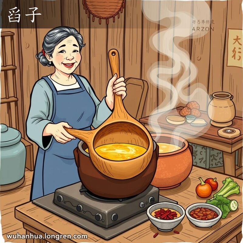 一个武汉妇女在厨房里手持大木勺搅拌热汤，背景是木质桌子和蔬菜