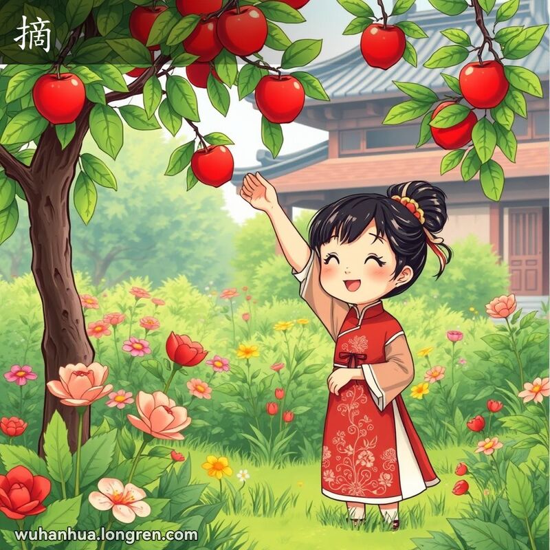 一位身穿传统中国服饰的小女孩在花园中伸手摘取树上的红苹果，脸上洋溢着喜悦和期待，背景是繁花似锦的花园和传统中式亭子