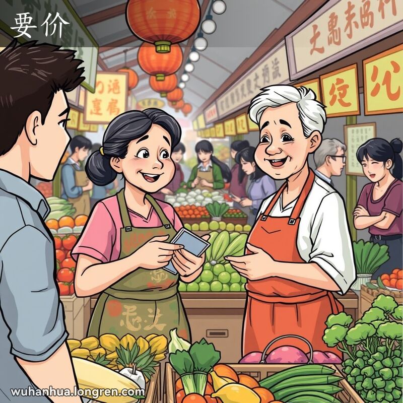 武汉传统市场中，一位女摊贩正与顾客讨价还价，背景是忙碌的市场场景
