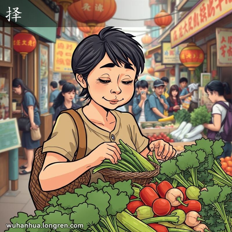 一位中年妇女在武汉街市上挑选蔬菜，表情专注，背景是热闹的市场