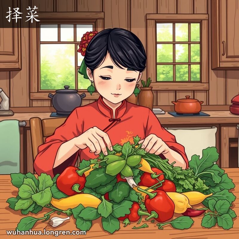 一位穿着传统中式服装的女性在厨房挑选蔬菜，去除不能食用的部分，背景是温馨的乡村厨房。