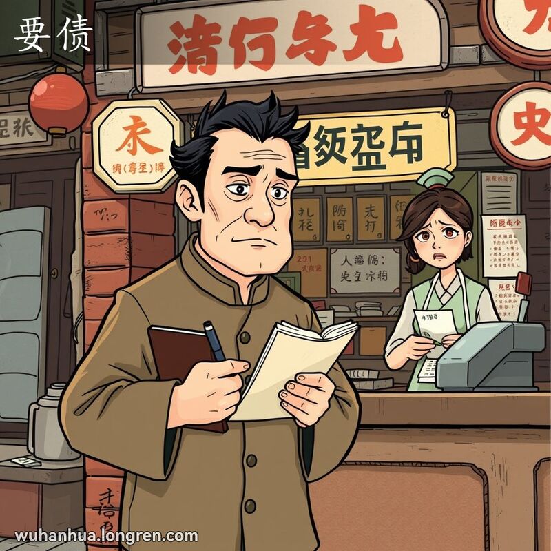 一位严肃的男子站在武汉老街的小店前，手持账本和笔，准备向店主讨债，店主神情担忧地数着钱。