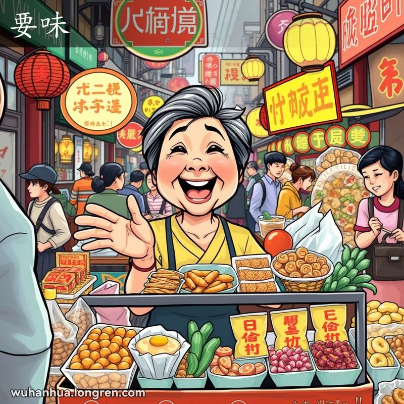 一个热闹的武汉街头市场，摊贩们正在卖力地吆喝，吸引顾客，背景是武汉老街景