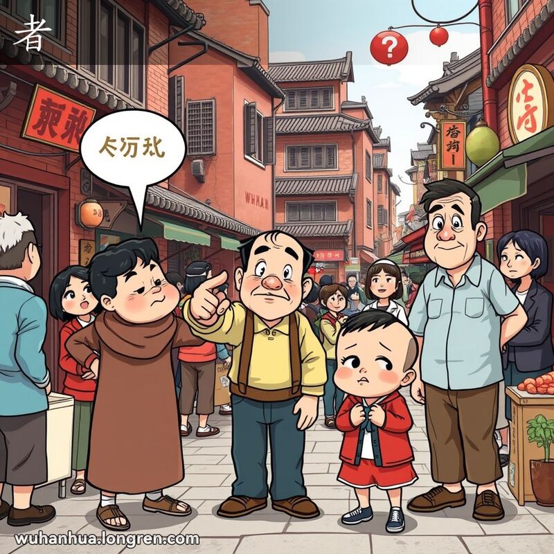 一群武汉市民在街道上聚集，一人指着调皮的孩子，做出责备的手势，背景是武汉老街景
