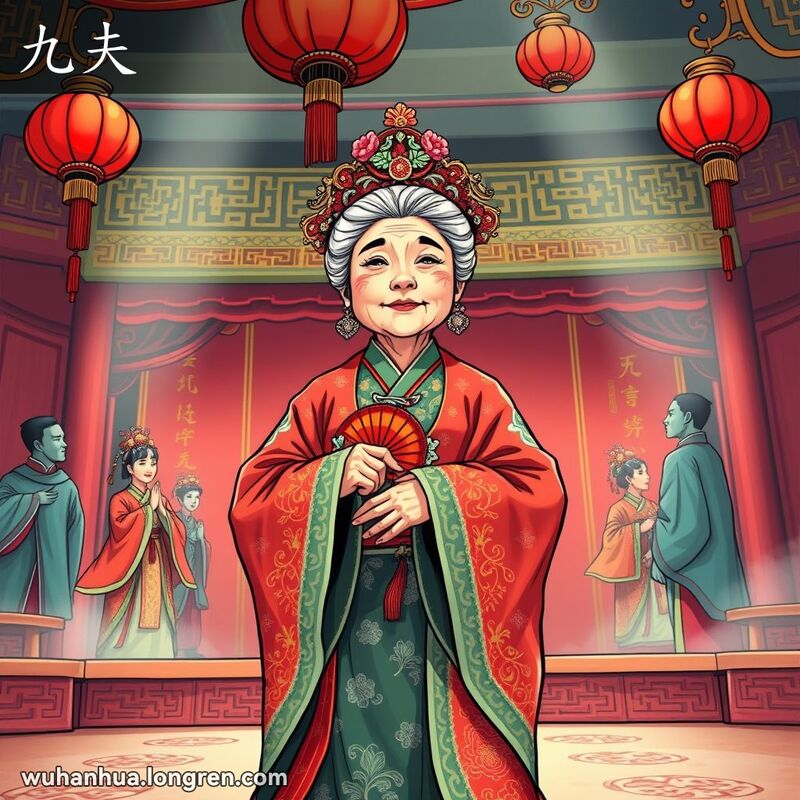 一位穿着传统汉剧服装的老妇人站在舞台上，背景是汉剧的舞台布景