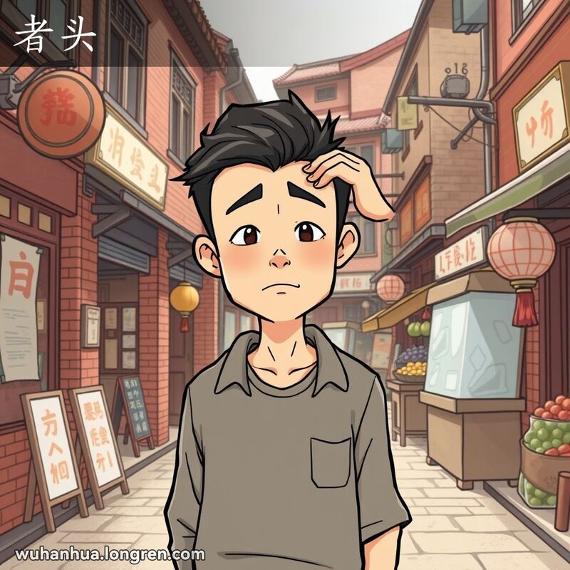 一位武汉男子站在街道上，挠着头露出困惑的表情，背景是武汉老街景