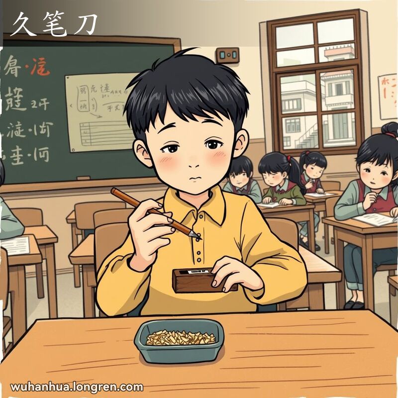 一位学生在旧式教室内用传统铅笔刀（久笔刀）削铅笔，背景是武汉老街景