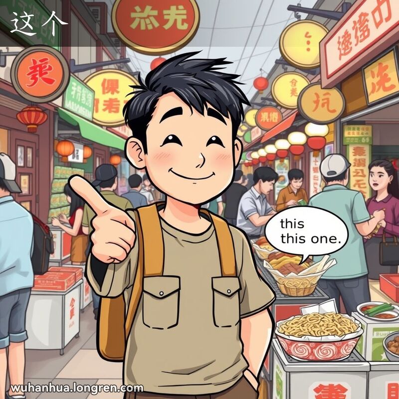一位武汉市民在市场中指着一碗热干面，表示“这个”，背景是繁忙的市场场景