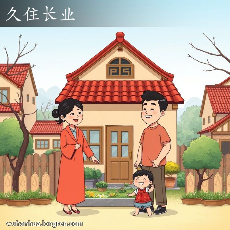 一对夫妇和孩子站在传统武汉风格的房子前，孩子在花园里玩耍，背景是宁静的社区