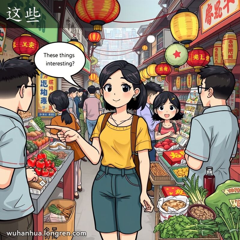 一位年轻女子在武汉街头市场指着摊位上的各种物品，脸上带着好奇的表情，背景是热闹的市场场景